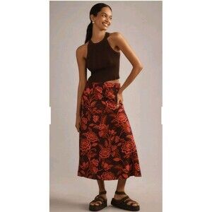 Farm Rio x Anthropologie Satin Slip Midi Skirt Vibrant Floral A Line Small